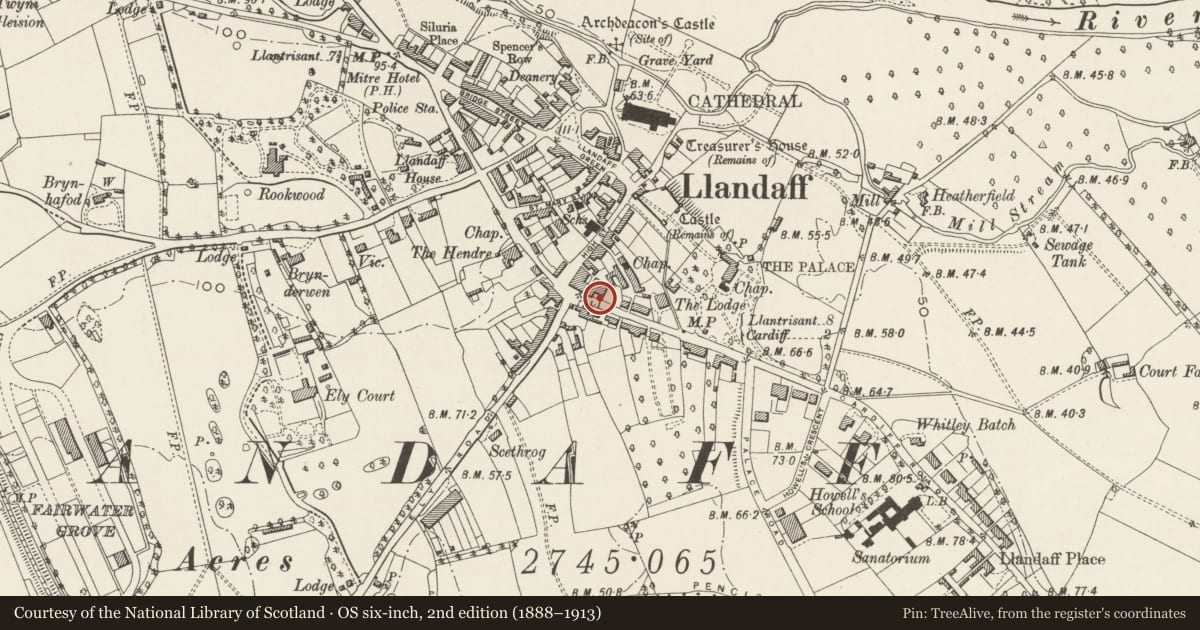 Ordnance Survey six-inch map, 2nd edition (1888–1913) covering the location of Front Garden Wall, Llandaff, Cardiff, with a pin at the register's coordinates