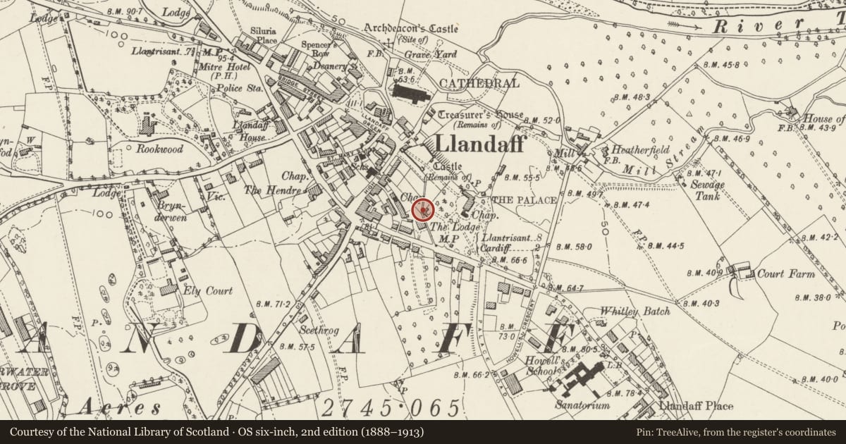 Ordnance Survey six-inch map, 2nd edition (1888–1913) covering the location of East Boundary Wall of The Lodge and car park at rear, Llandaff, Cardiff, with a pin at the register's coordinates