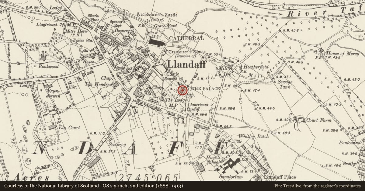 Ordnance Survey six-inch map, 2nd edition (1888–1913) covering the location of The Cathedral School, Llandaff, Cardiff, with a pin at the register's coordinates