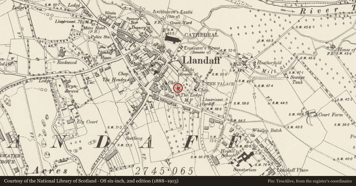 Ordnance Survey six-inch map, 2nd edition (1888–1913) covering the location of Boundary Wall to the west of The Cathedral School, Llandaff, Cardiff, with a pin at the register's coordinates