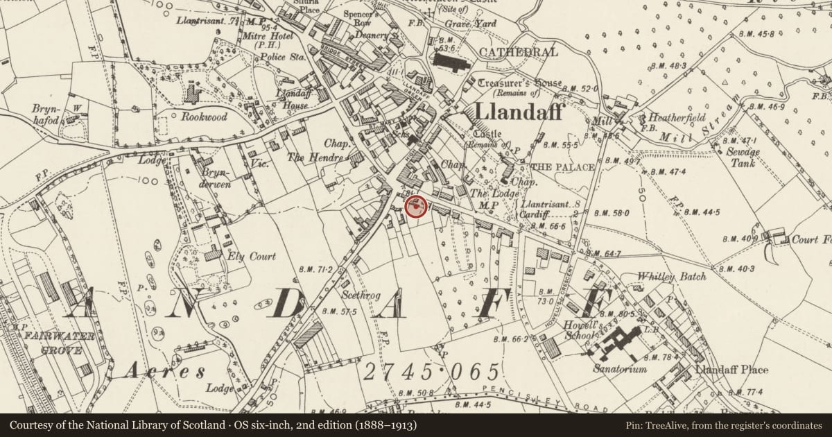 Ordnance Survey six-inch map, 2nd edition (1888–1913) covering the location of St. Michael's College, Llandaff, Cardiff, with a pin at the register's coordinates