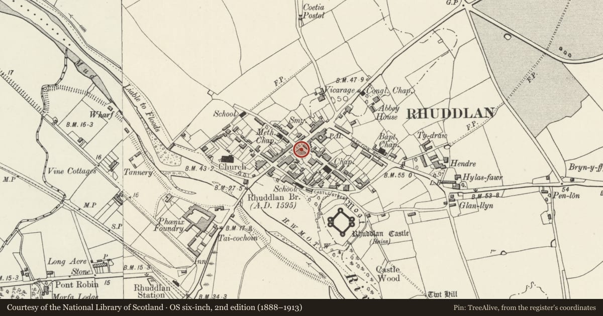 Ordnance Survey six-inch map, 2nd edition (1888–1913) covering the location of Parliament House, Rhuddlan, Denbighshire, with a pin at the register's coordinates