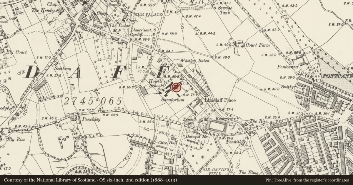Ordnance Survey six-inch map, 2nd edition (1888–1913) covering the location of Howells School, Original Building with Big Hall, Llandaff, Cardiff, with a pin at the register's coordinates