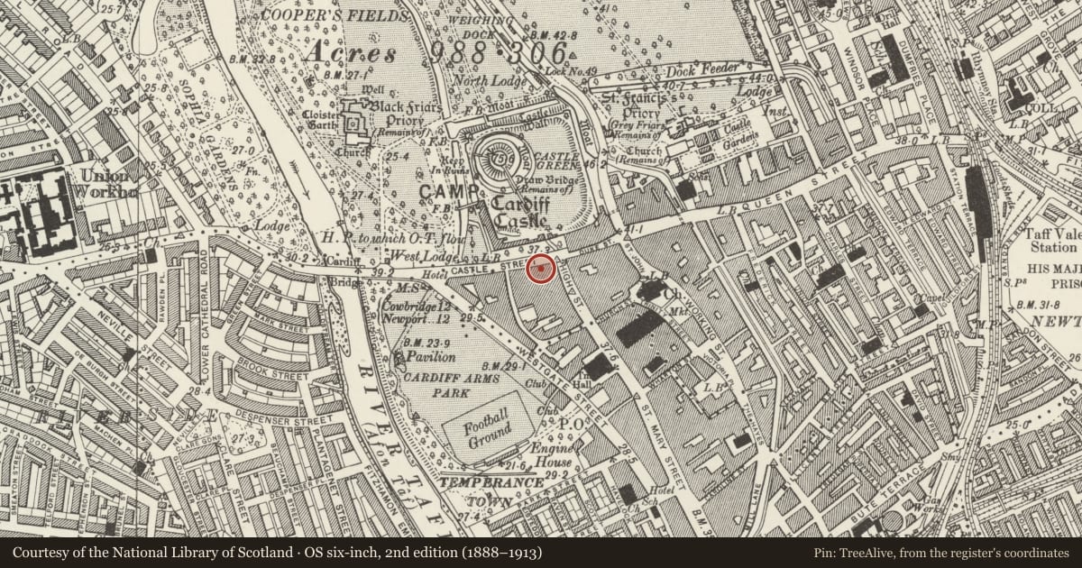 Ordnance Survey six-inch map, 2nd edition (1888–1913) covering the location of Nos.1&3 Castle Street, Cardiff, with a pin at the register's coordinates