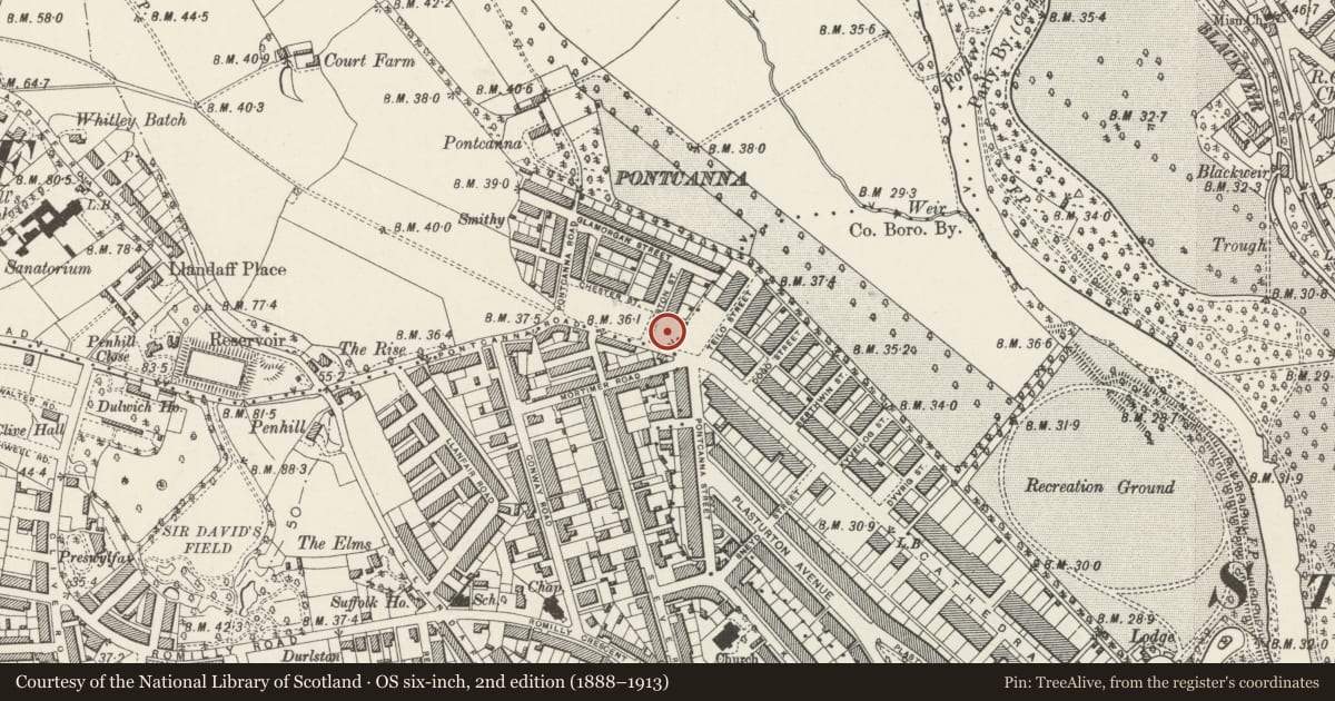 Ordnance Survey six-inch map, 2nd edition (1888–1913) covering the location of Former Presbyterian Church of Wales (now offices), Pontcanna, Cardiff, with a pin at the register's coordinates