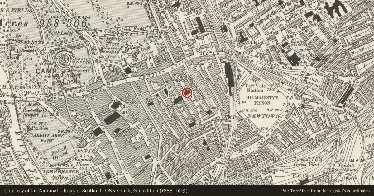 Ordnance Survey six-inch map, 2nd edition (1888–1913) covering the location of Ebeneser Chapel (URC), Castle, Cardiff, with a pin at the register's coordinates