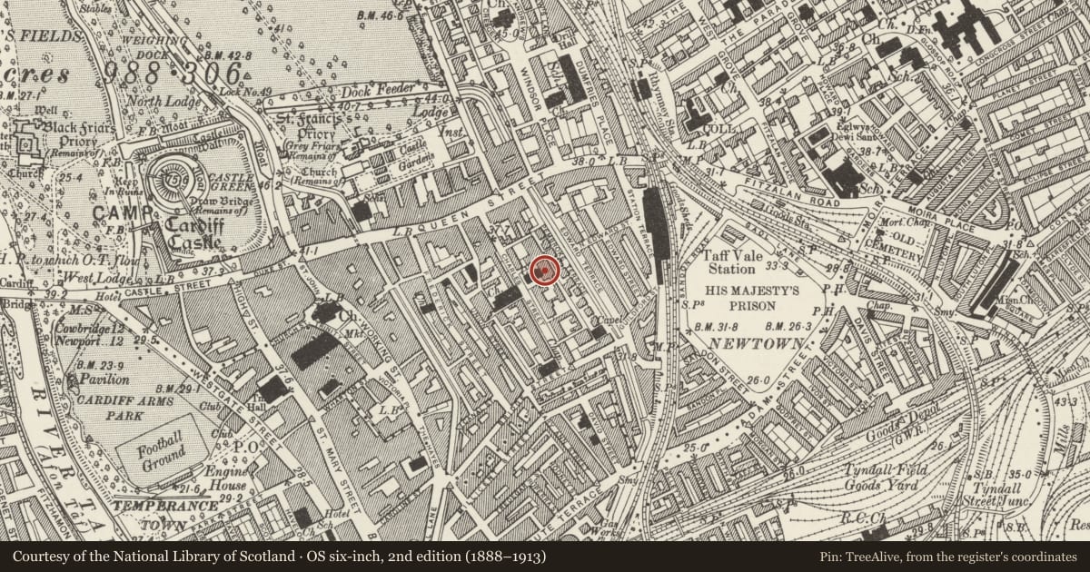 Ordnance Survey six-inch map, 2nd edition (1888–1913) covering the location of Former School Room to Rear of Ebeneser Chapel, Castle, Cardiff, with a pin at the register's coordinates