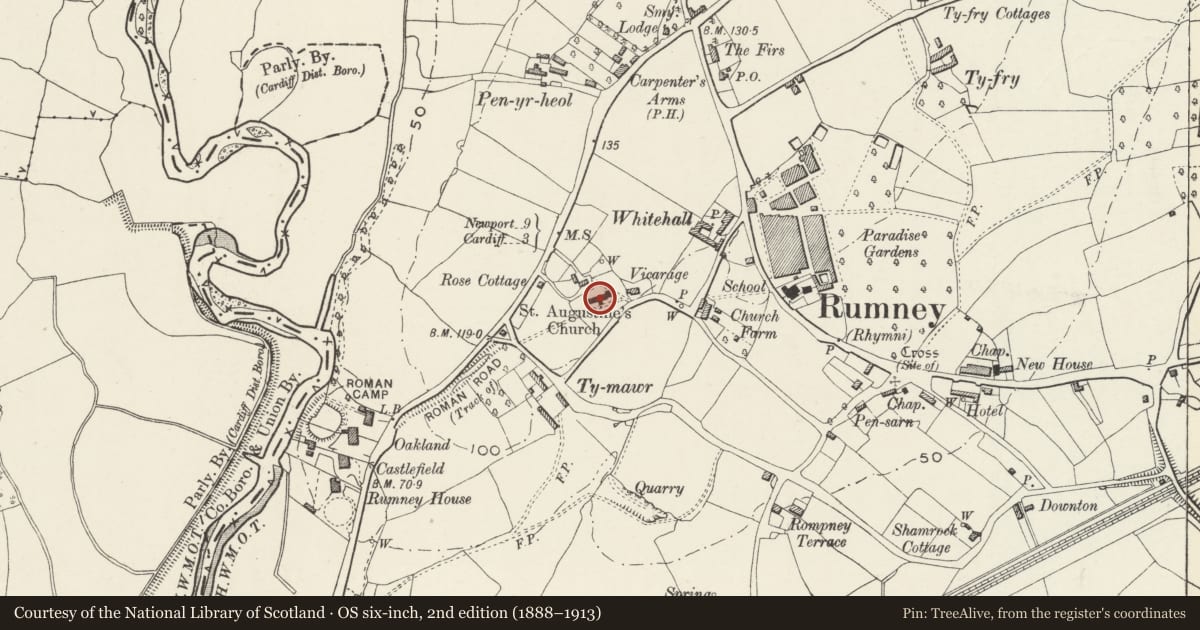Ordnance Survey six-inch map, 2nd edition (1888–1913) covering the location of Church of St Augustine, Rumney, Cardiff, with a pin at the register's coordinates