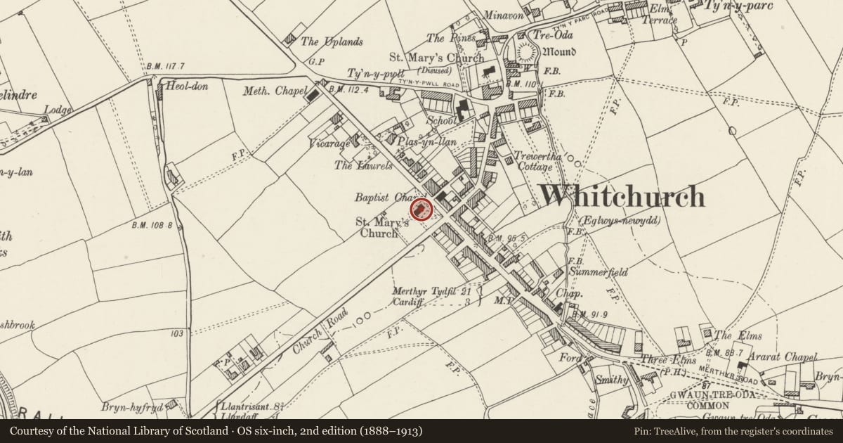 Ordnance Survey six-inch map, 2nd edition (1888–1913) covering the location of Church of St. Mary, Whitchurch, Cardiff, with a pin at the register's coordinates