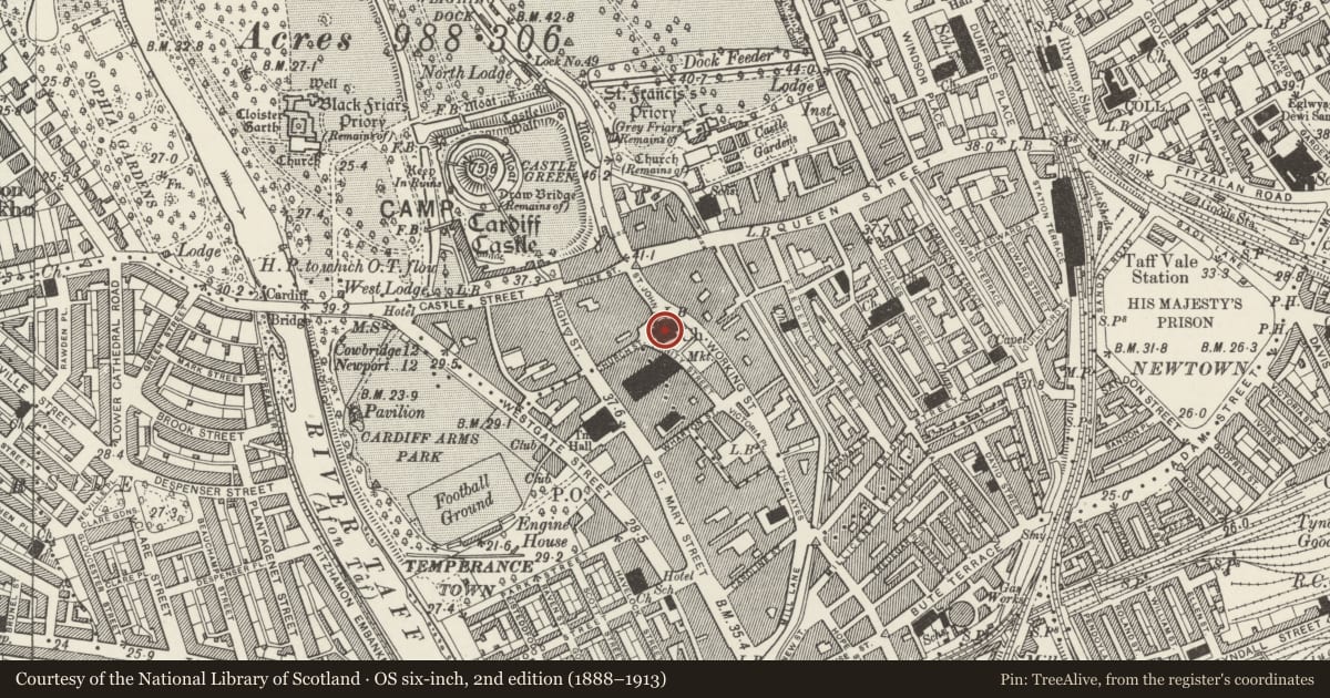 Ordnance Survey six-inch map, 2nd edition (1888–1913) covering the location of Church of St John The Baptist, Castle, Cardiff, with a pin at the register's coordinates