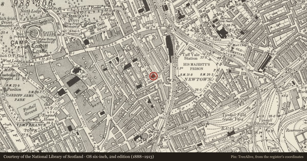 Ordnance Survey six-inch map, 2nd edition (1888–1913) covering the location of Former Welsh Presbyterian Chapel, Castle, Cardiff, with a pin at the register's coordinates