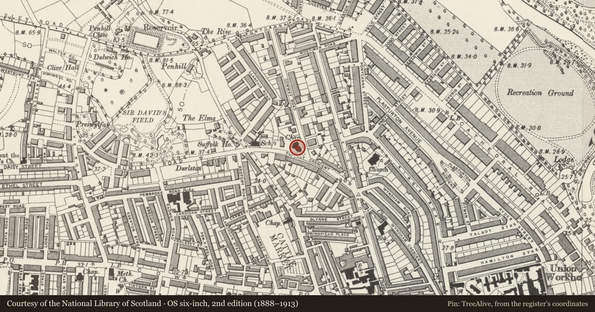 Ordnance Survey six-inch map, 2nd edition (1888–1913) covering the location of Conway Road Methodist Church, Pontcanna, Cardiff, with a pin at the register's coordinates