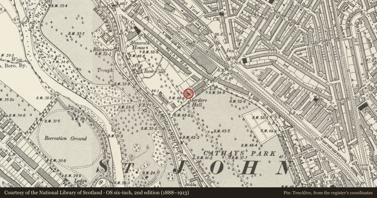 Ordnance Survey six-inch map, 2nd edition (1888–1913) covering the location of Aberdare Hall including attached NE wing at rear, Cathays, Cardiff, with a pin at the register's coordinates