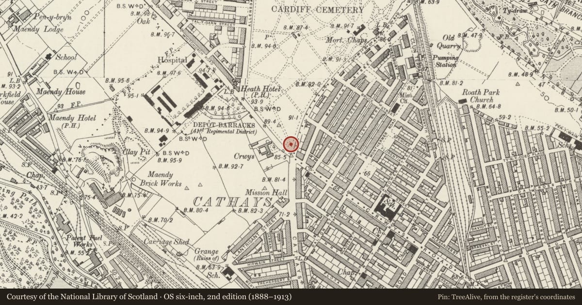 Ordnance Survey six-inch map, 2nd edition (1888–1913) covering the location of Cathays Library, Cardiff, with a pin at the register's coordinates