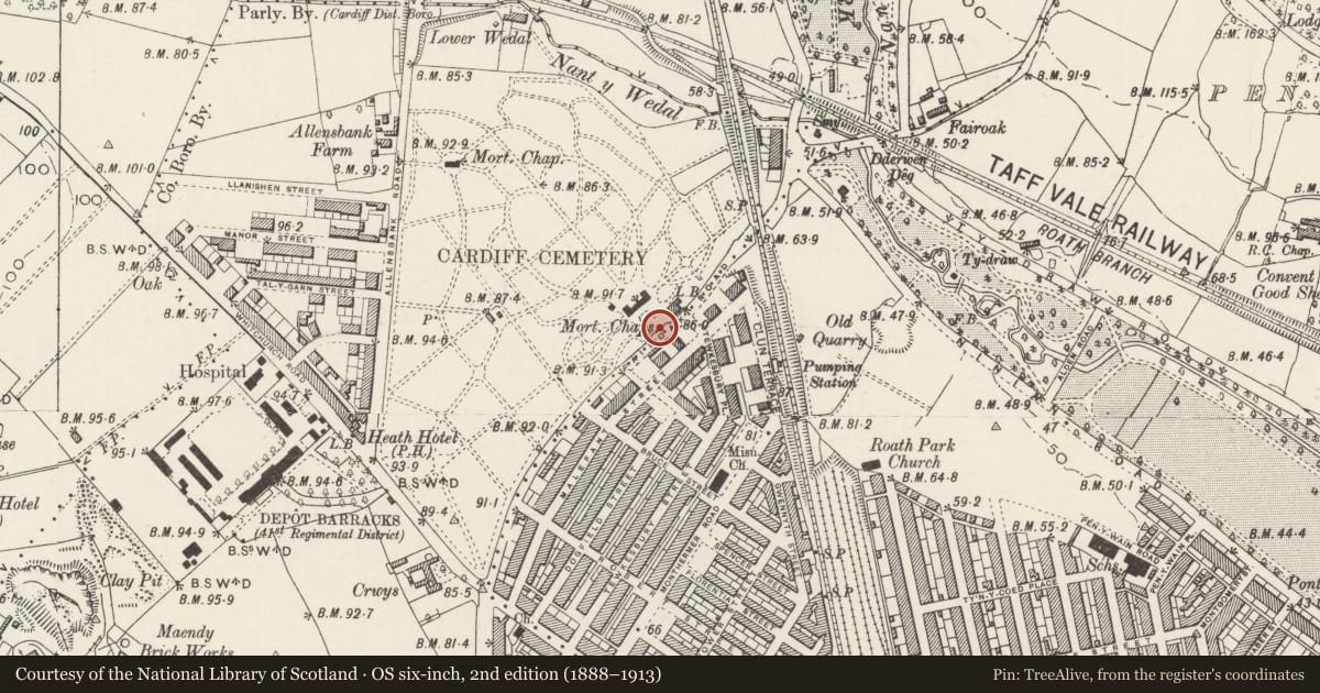 Ordnance Survey six-inch map, 2nd edition (1888–1913) covering the location of Gateway and forecourt walls to Cathays Cemetery, Cardiff, with a pin at the register's coordinates