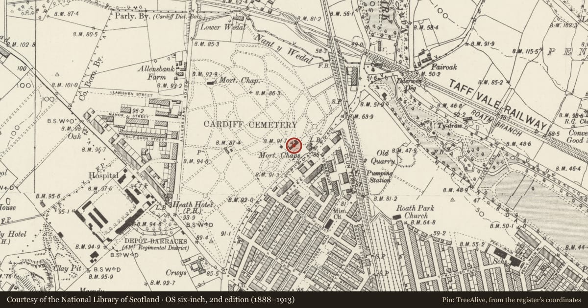 Ordnance Survey six-inch map, 2nd edition (1888–1913) covering the location of Mortuary Chapels at Cathays Cemetery, Cardiff, with a pin at the register's coordinates
