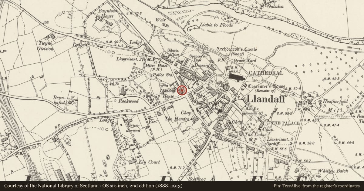 Ordnance Survey six-inch map, 2nd edition (1888–1913) covering the location of Crossways, Llandaff, Cardiff, with a pin at the register's coordinates