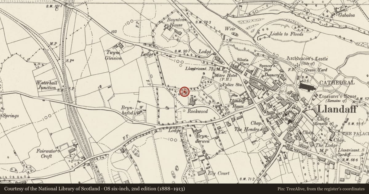 Ordnance Survey six-inch map, 2nd edition (1888–1913) covering the location of Summerhouse and Underground Vaulted Chamber in grounds of Rookwood Hospital, Llandaff, Cardiff, with a pin at the register's coordinates