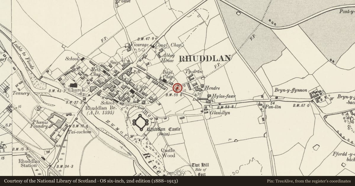 Ordnance Survey six-inch map, 2nd edition (1888–1913) covering the location of The Banquet House, Rhuddlan, Denbighshire, with a pin at the register's coordinates