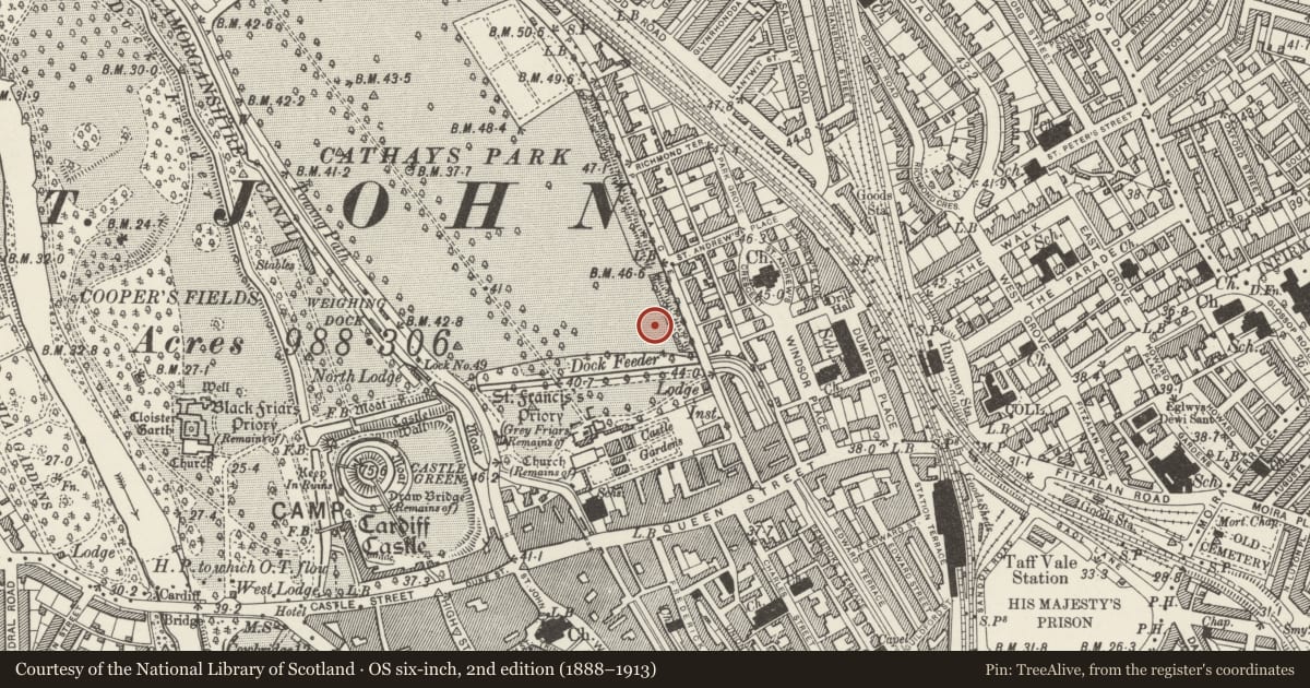 Ordnance Survey six-inch map, 2nd edition (1888–1913) covering the location of Statue of John Cory, Castle, Cardiff, with a pin at the register's coordinates
