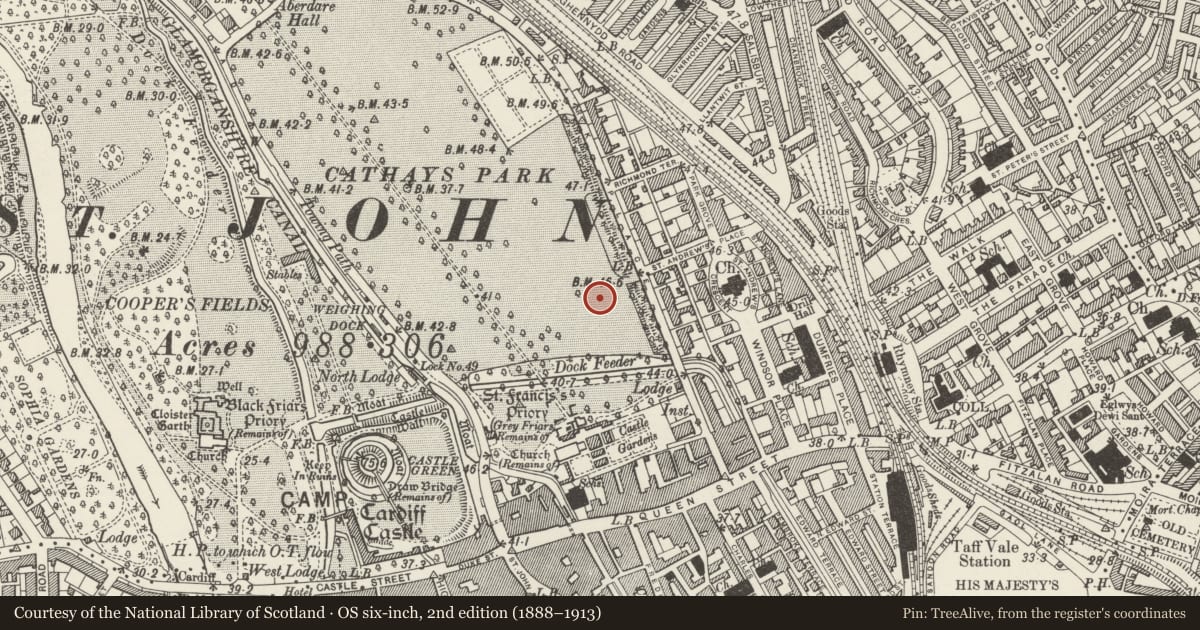 Ordnance Survey six-inch map, 2nd edition (1888–1913) covering the location of Statue of Lord Ninian Edward Crichton Stuart, Castle, Cardiff, with a pin at the register's coordinates