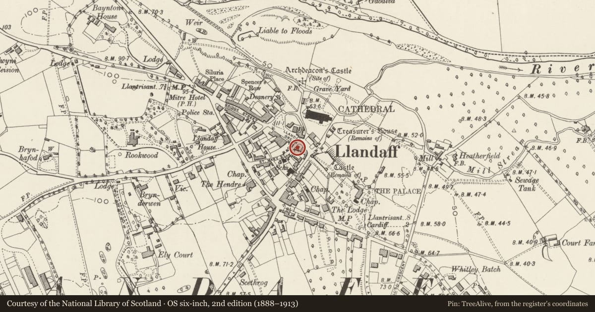 Ordnance Survey six-inch map, 2nd edition (1888–1913) covering the location of Nos. 1&2 St. Mary's, Llandaff, Cardiff, with a pin at the register's coordinates