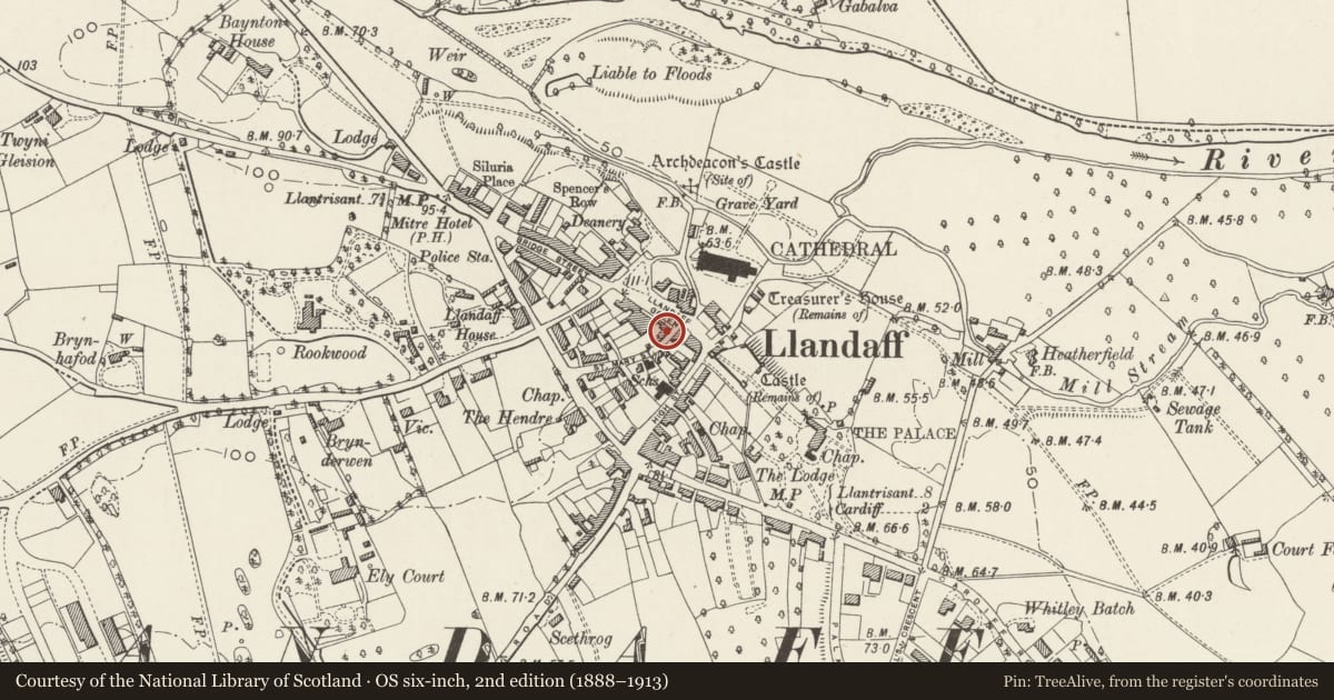 Ordnance Survey six-inch map, 2nd edition (1888–1913) covering the location of Yr-hen-dy, Llandaff, Cardiff, with a pin at the register's coordinates