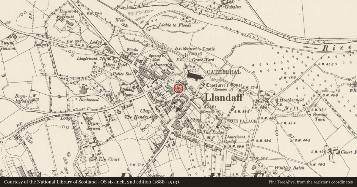 Ordnance Survey six-inch map, 2nd edition (1888–1913) covering the location of Statue of James Rice Buckley, Llandaff, Cardiff, with a pin at the register's coordinates