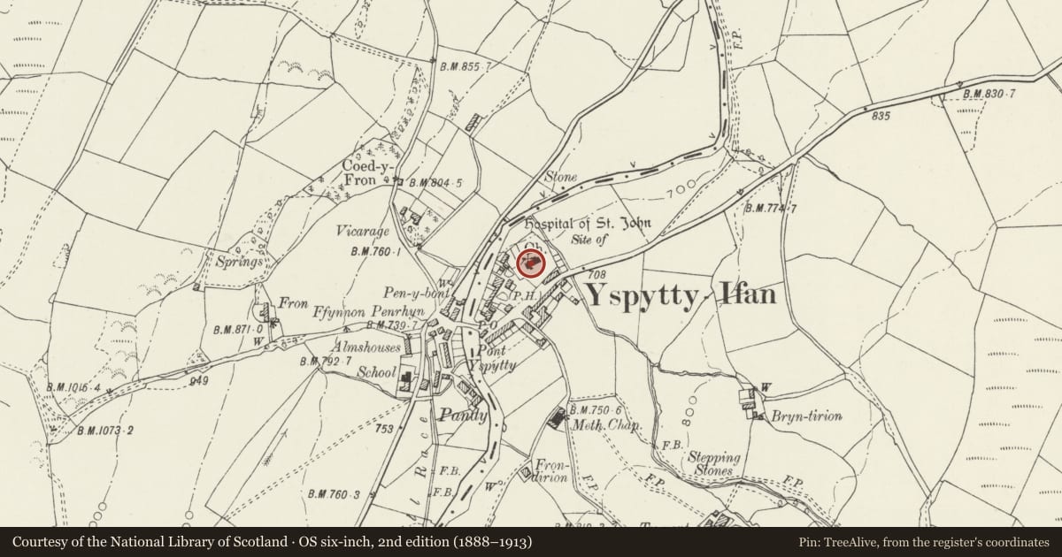 Ordnance Survey six-inch map, 2nd edition (1888–1913) covering the location of Church of St. John, Ysbyty Ifan, Conwy, with a pin at the register's coordinates