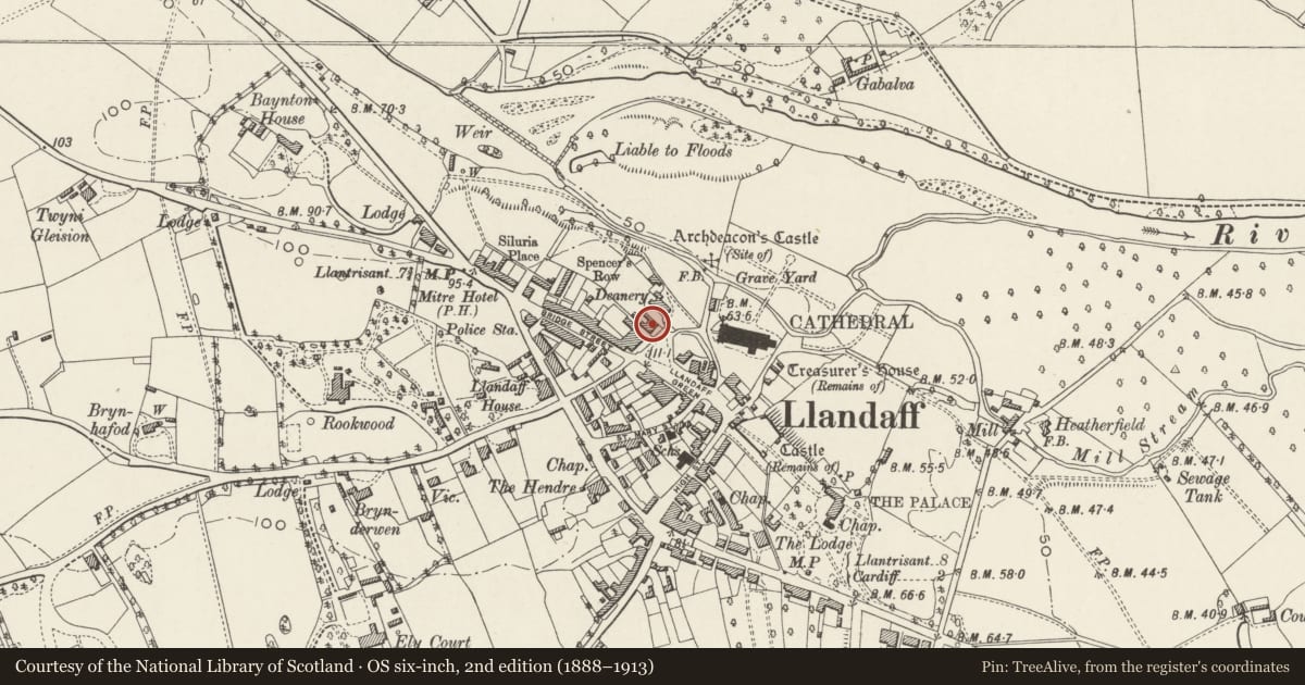 Ordnance Survey six-inch map, 2nd edition (1888–1913) covering the location of Pendinas, Llandaff, Cardiff, with a pin at the register's coordinates