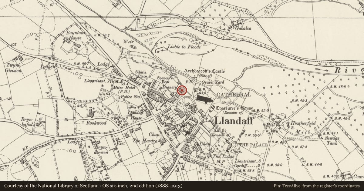 Ordnance Survey six-inch map, 2nd edition (1888–1913) covering the location of Cathedral Court (Nos. 1-5 consec), Llandaff, Cardiff, with a pin at the register's coordinates