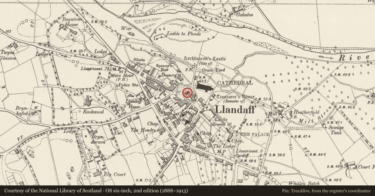 Ordnance Survey six-inch map, 2nd edition (1888–1913) covering the location of The Deanery, Llandaff, Cardiff, with a pin at the register's coordinates
