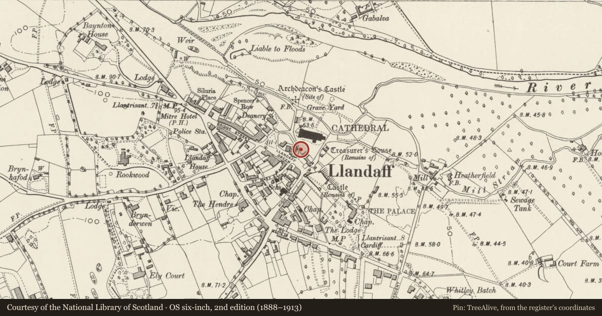 Ordnance Survey six-inch map, 2nd edition (1888–1913) covering the location of Setts paving the Path leading from the Lychgate to the Cathedral, Llandaff, Cardiff, with a pin at the register's coordinates