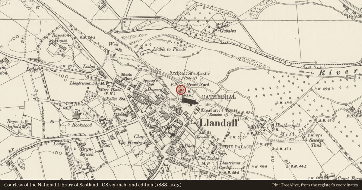 Ordnance Survey six-inch map, 2nd edition (1888–1913) covering the location of Prebendal House, Llandaff, Cardiff, with a pin at the register's coordinates