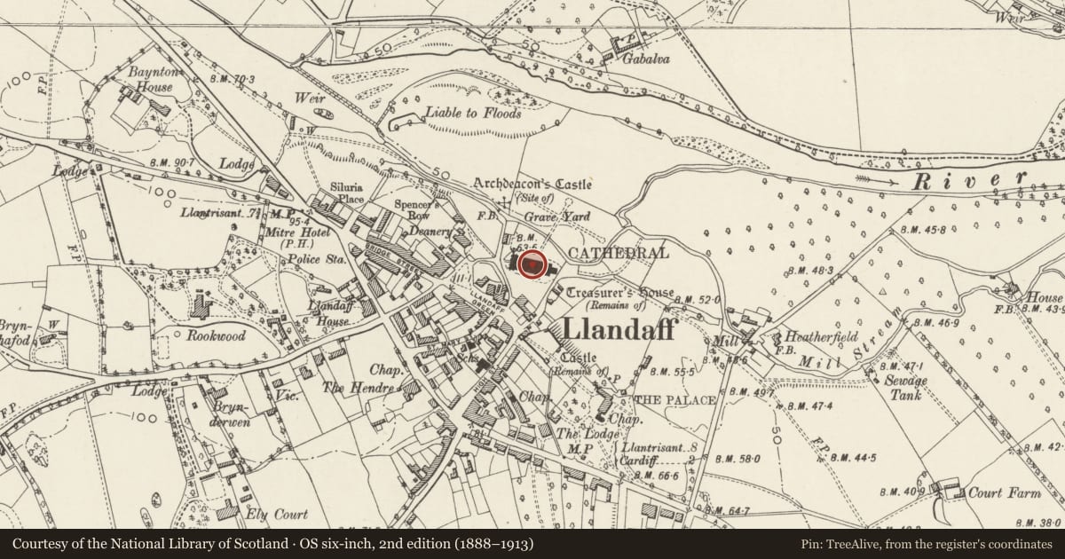 Ordnance Survey six-inch map, 2nd edition (1888–1913) covering the location of Cathedral Church of St. Peter and St. Paul, Llandaff, Cardiff, with a pin at the register's coordinates