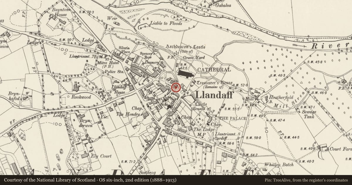Ordnance Survey six-inch map, 2nd edition (1888–1913) covering the location of The City Cross, Llandaff, Cardiff, with a pin at the register's coordinates