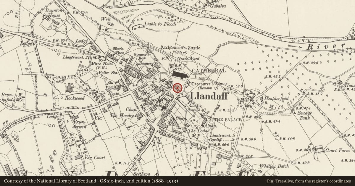 Ordnance Survey six-inch map, 2nd edition (1888–1913) covering the location of No. 1 White House, Llandaff, Cardiff, with a pin at the register's coordinates