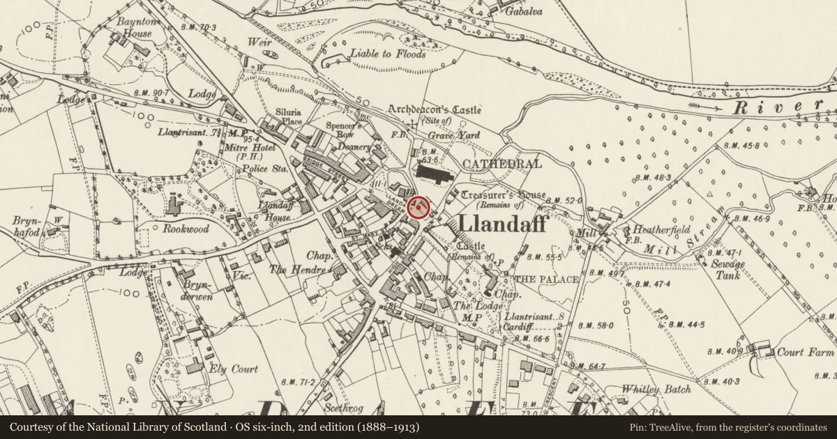 Ordnance Survey six-inch map, 2nd edition (1888–1913) covering the location of Garden Wall of Nos. 1 & 2 White House, Llandaff, Cardiff, with a pin at the register's coordinates