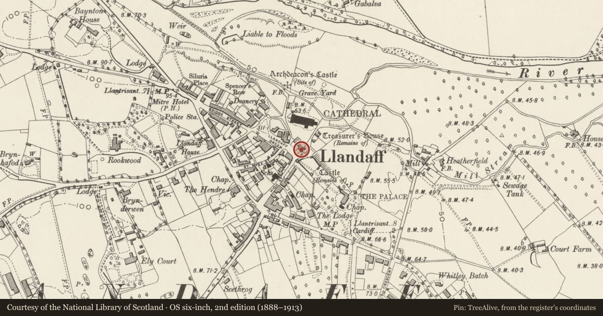 Ordnance Survey six-inch map, 2nd edition (1888–1913) covering the location of White House Cottage, Llandaff, Cardiff, with a pin at the register's coordinates