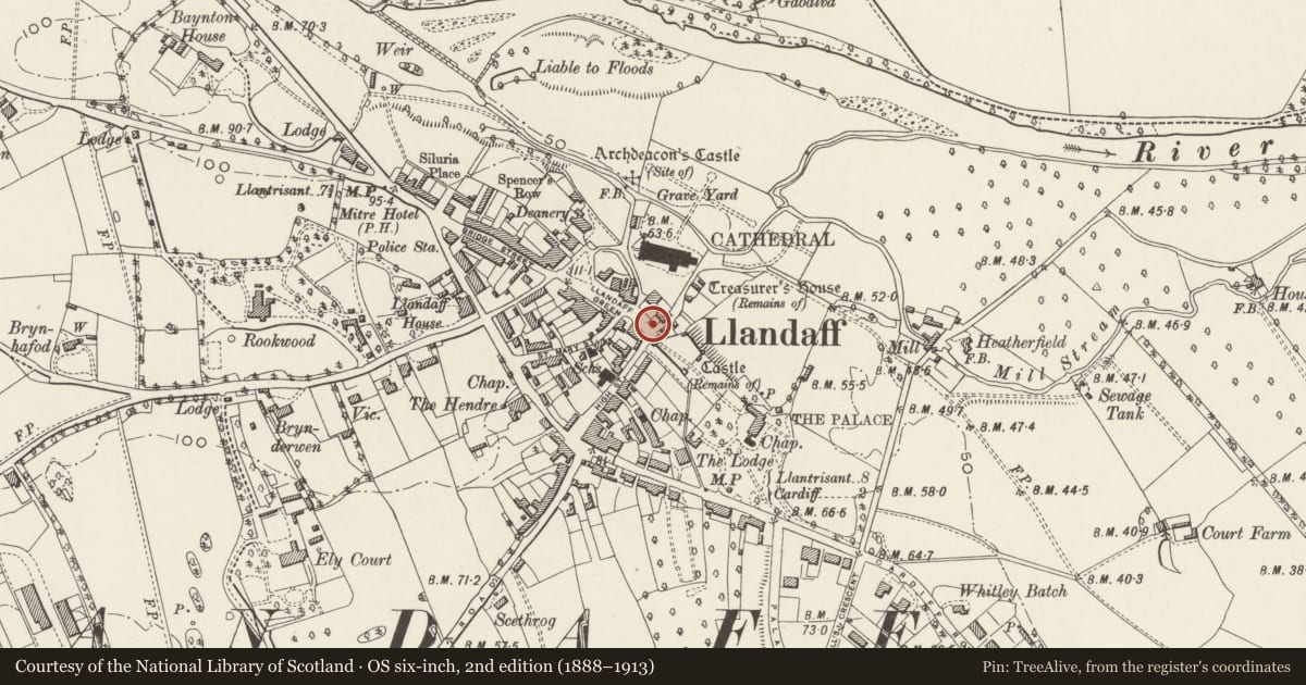 Ordnance Survey six-inch map, 2nd edition (1888–1913) covering the location of Garden Walls to White House Cottage, Llandaff, Cardiff, with a pin at the register's coordinates
