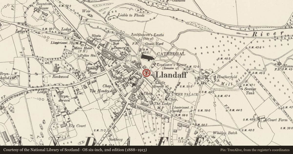 Ordnance Survey six-inch map, 2nd edition (1888–1913) covering the location of St. Teilo's Well, Llandaff, Cardiff, with a pin at the register's coordinates