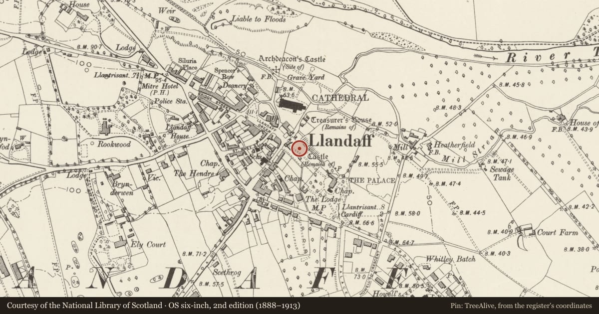 Ordnance Survey six-inch map, 2nd edition (1888–1913) covering the location of Ruins of the Old Bishop's Palace, Llandaff, Cardiff, with a pin at the register's coordinates