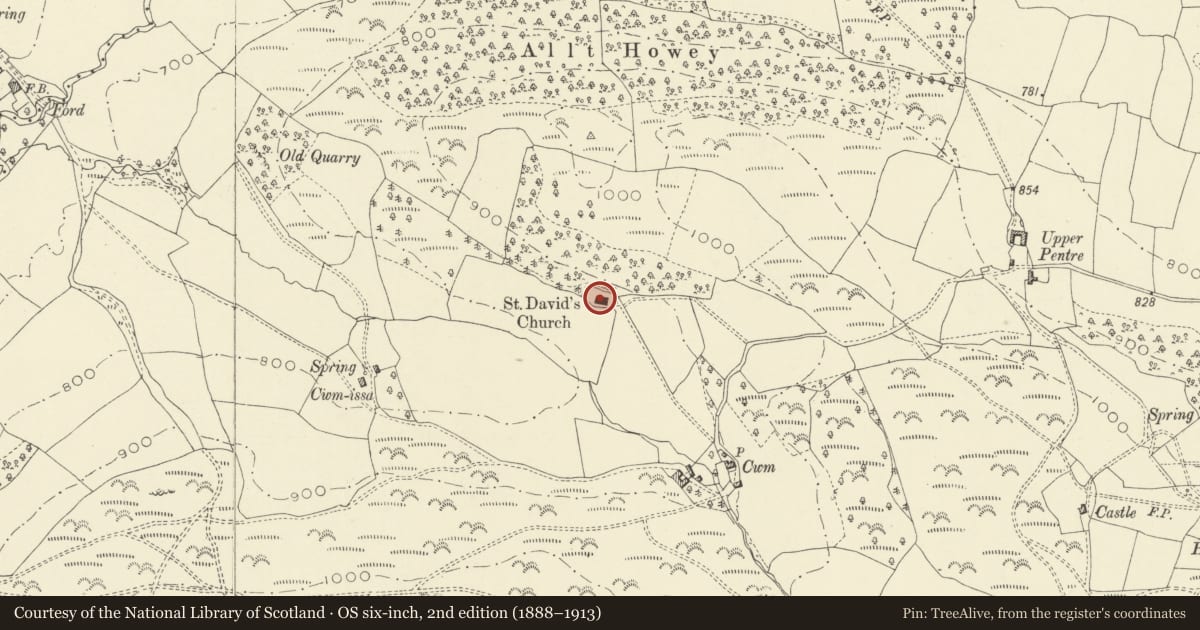 Ordnance Survey six-inch map, 2nd edition (1888–1913) covering the location of Church of St David, Painscastle, Powys, with a pin at the register's coordinates