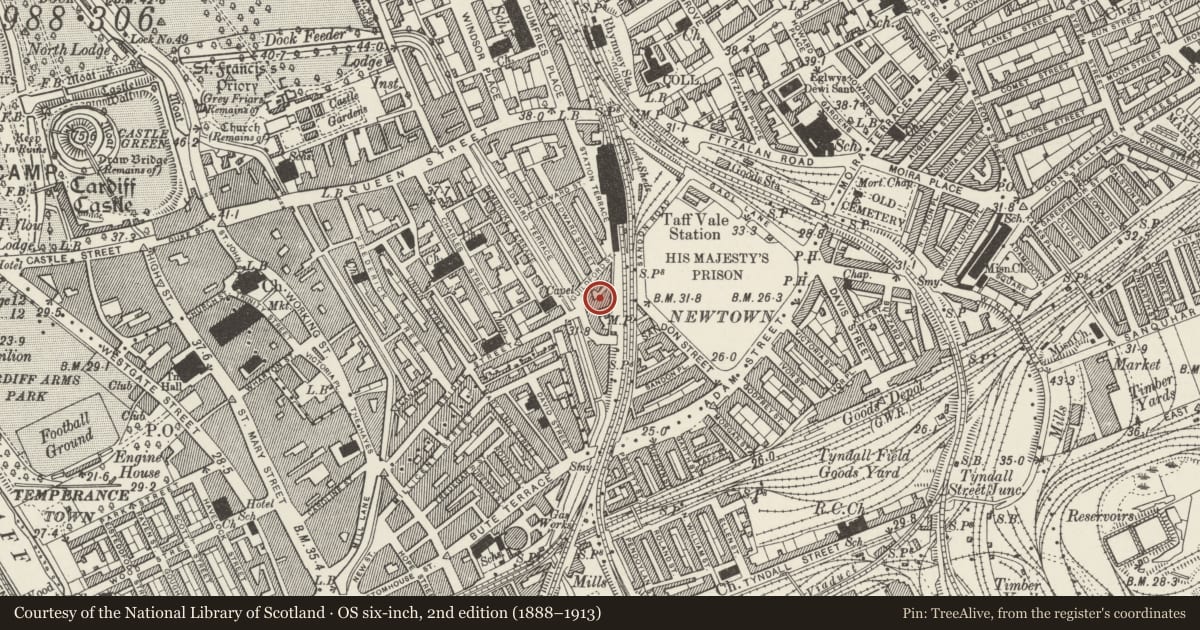 Ordnance Survey six-inch map, 2nd edition (1888–1913) covering the location of Masonic Temple, Castle, Cardiff, with a pin at the register's coordinates