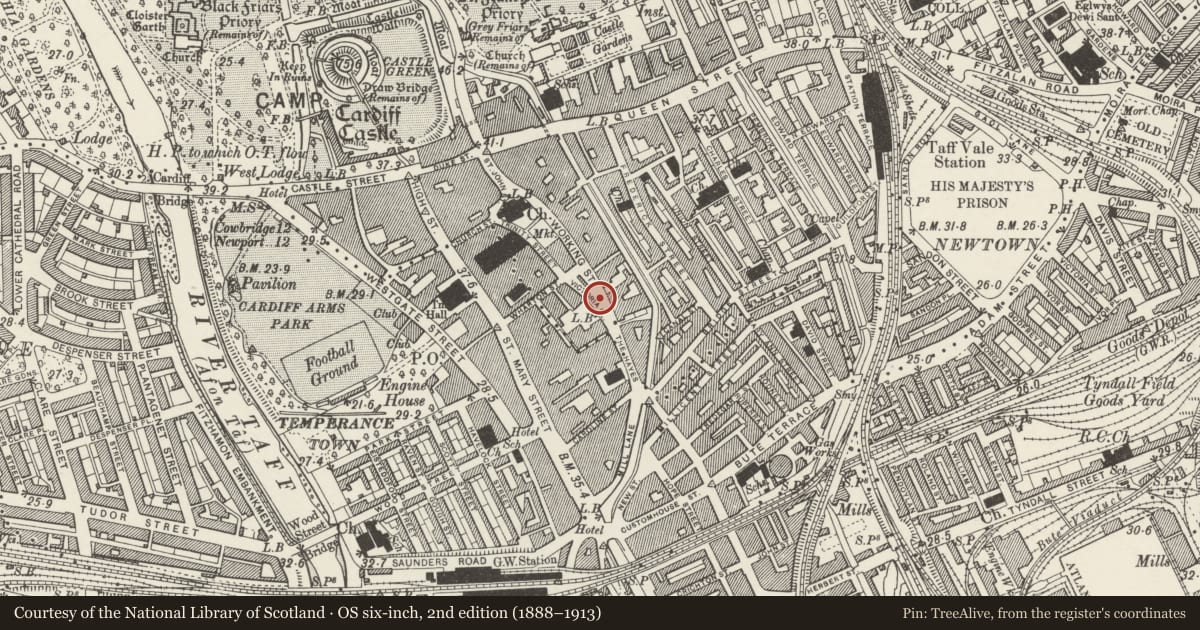 Ordnance Survey six-inch map, 2nd edition (1888–1913) covering the location of Statue of John Batchelor, Castle, Cardiff, with a pin at the register's coordinates