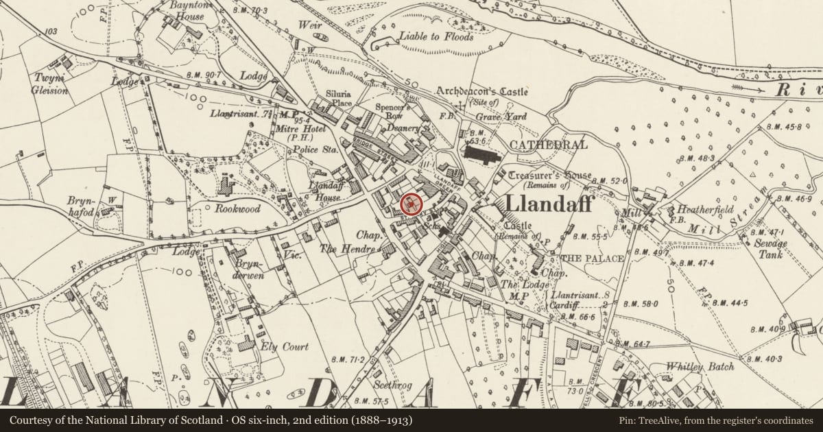 Ordnance Survey six-inch map, 2nd edition (1888–1913) covering the location of Black Hall, Llandaff, Cardiff, with a pin at the register's coordinates