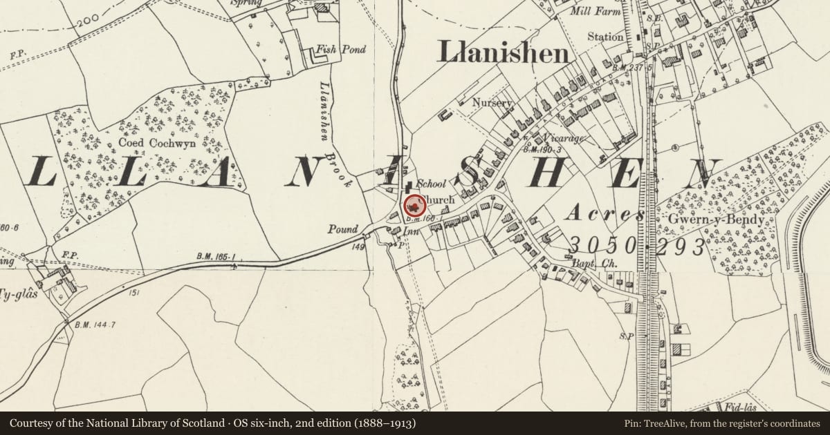 Ordnance Survey six-inch map, 2nd edition (1888–1913) covering the location of Church of St. Isan, Llanishen, Cardiff, with a pin at the register's coordinates