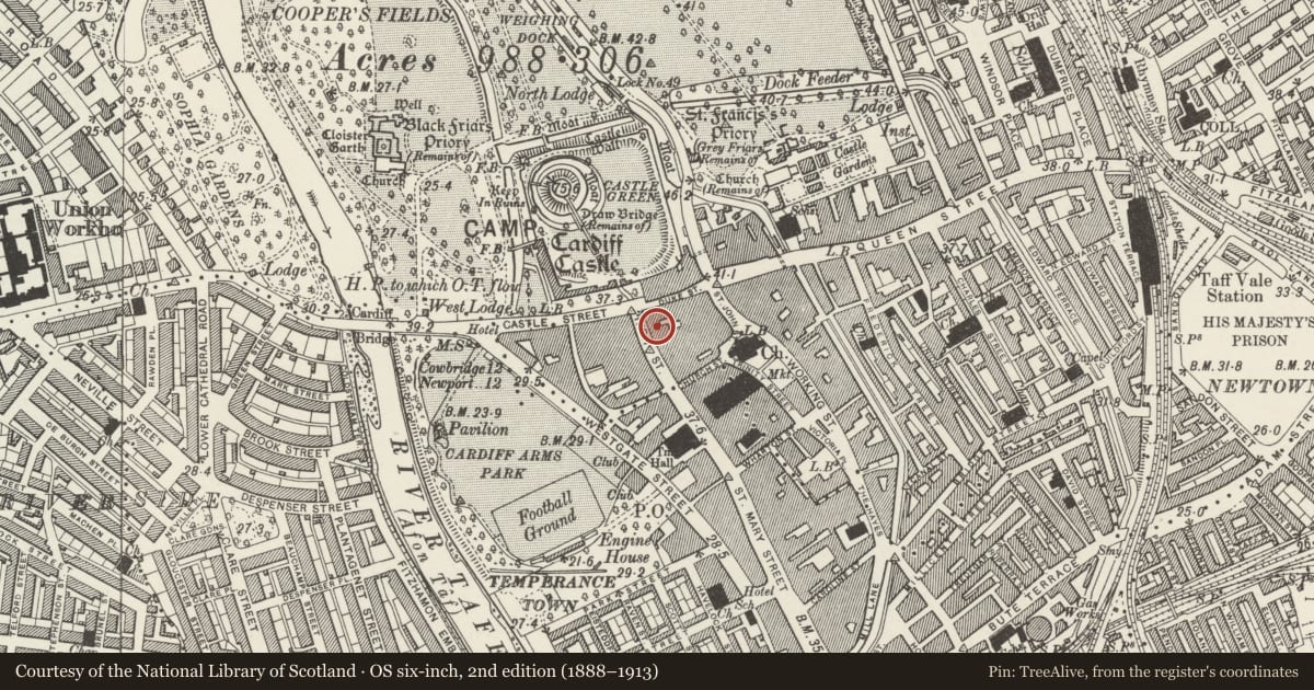 Ordnance Survey six-inch map, 2nd edition (1888–1913) covering the location of Cranes, Castle, Cardiff, with a pin at the register's coordinates
