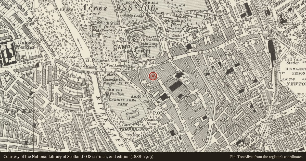 Ordnance Survey six-inch map, 2nd edition (1888–1913) covering the location of Lloyd's Bank and Chambers, Castle, Cardiff, with a pin at the register's coordinates