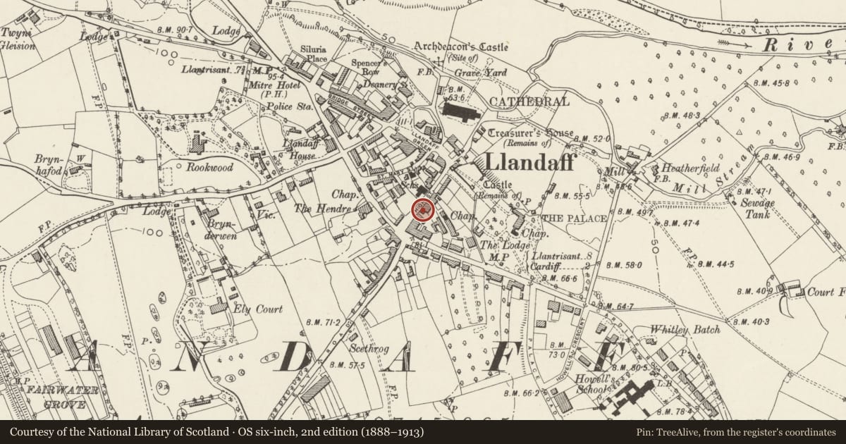 Ordnance Survey six-inch map, 2nd edition (1888–1913) covering the location of 19 High Street, Llandaff, Cardiff, with a pin at the register's coordinates